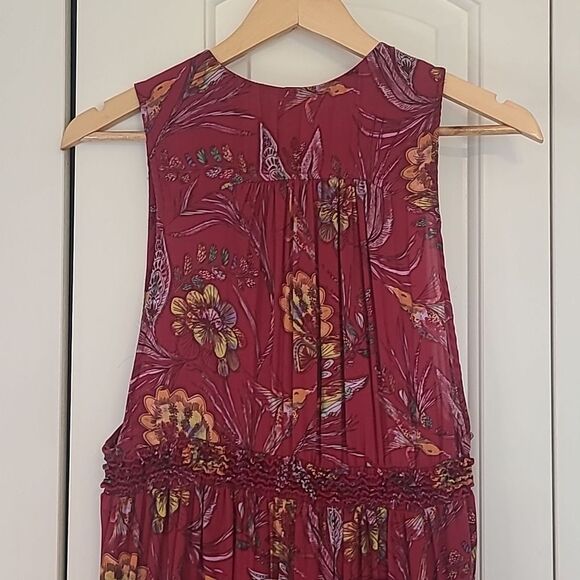 Women's Free People Red Floral Hummingbird Print Ruffle Tiered Tunic Tank Top S - Picture 7 of 12